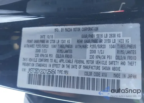 2016 Mazda Cx-9 Grand Touring из США, поврежденный, VIN JM3TCBDY2G0125454